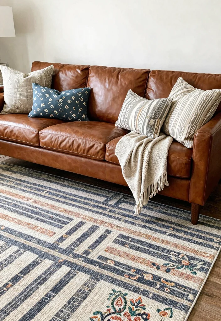 17 Brown Leather Sofa Living Room Ideas for a Timeless Masculine Look - 15. Layered Patterns 1