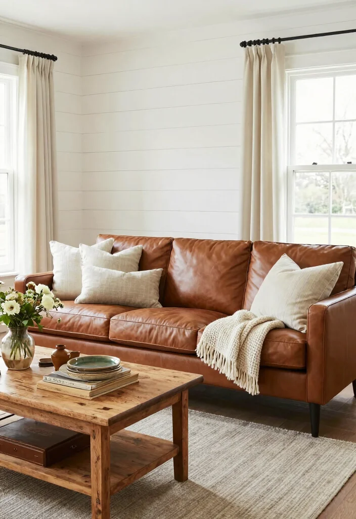 17 Brown Leather Sofa Living Room Ideas for a Timeless Masculine Look - 9. Modern Farmhouse 1