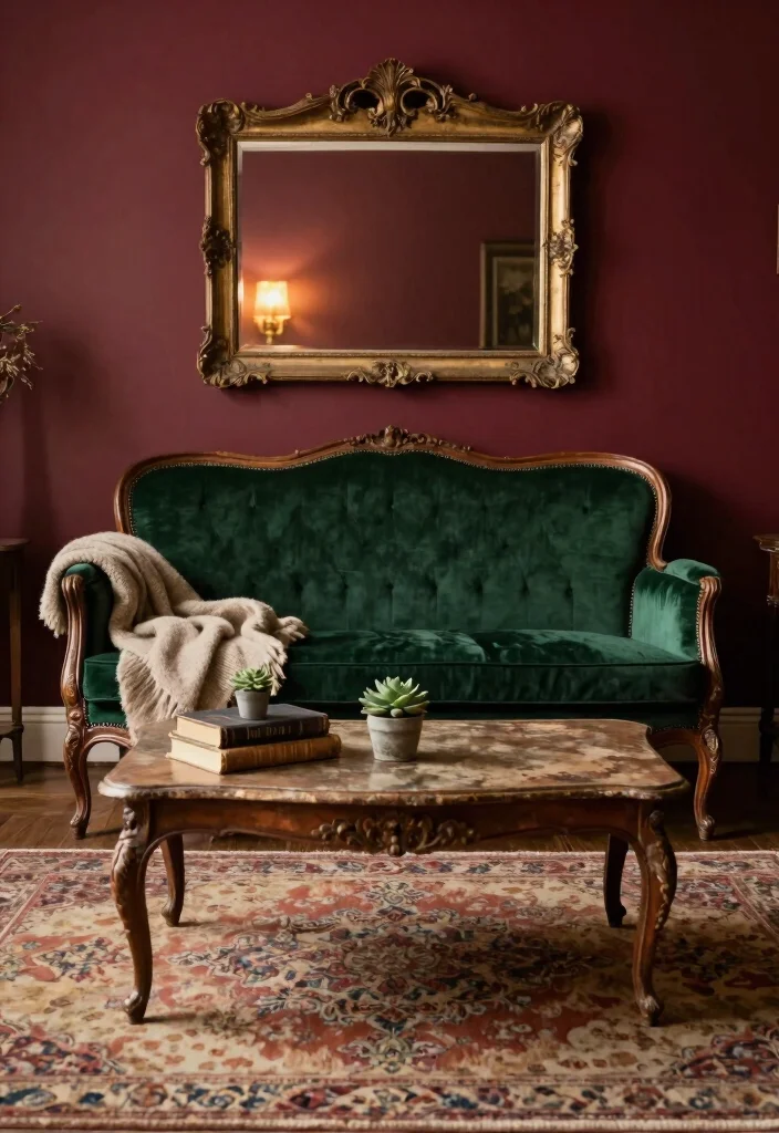 17 Burgundy Walls Living Room Ideas Rich Cozy Drama - 1. Vintage Elegance with a Twist 1