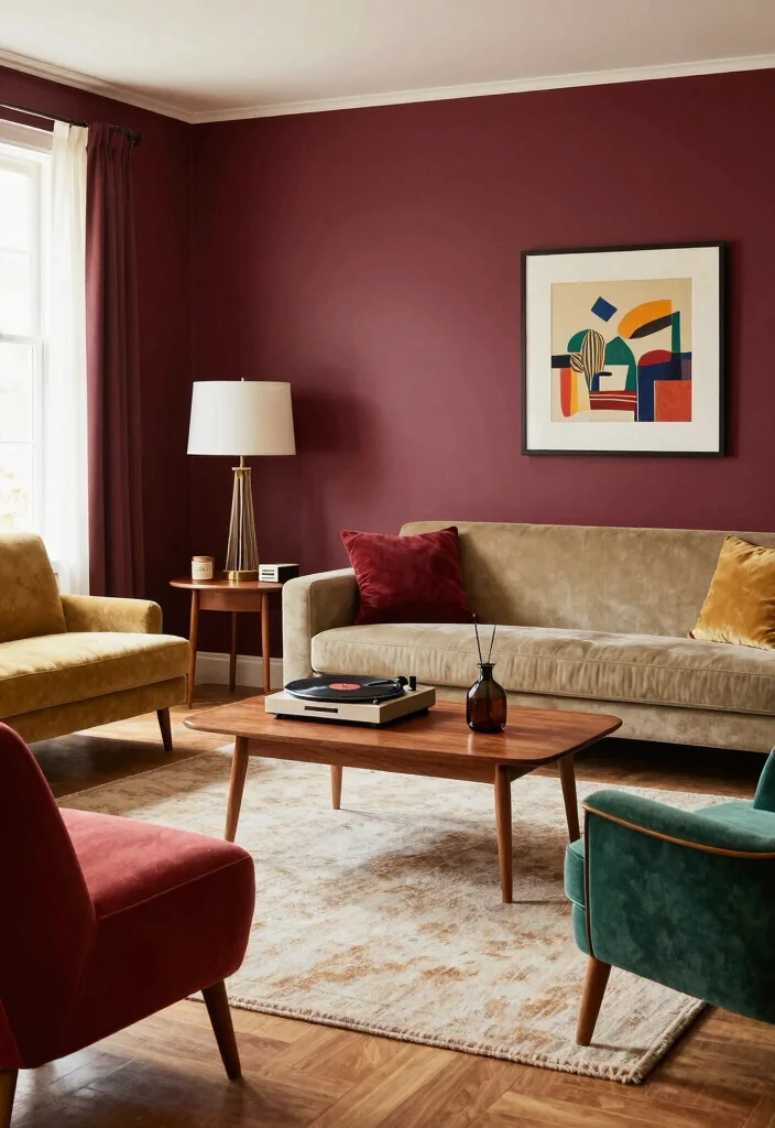 17 Burgundy Walls Living Room Ideas Rich Cozy Drama - 10. Retro Vibe with Mid-Century Furniture 1