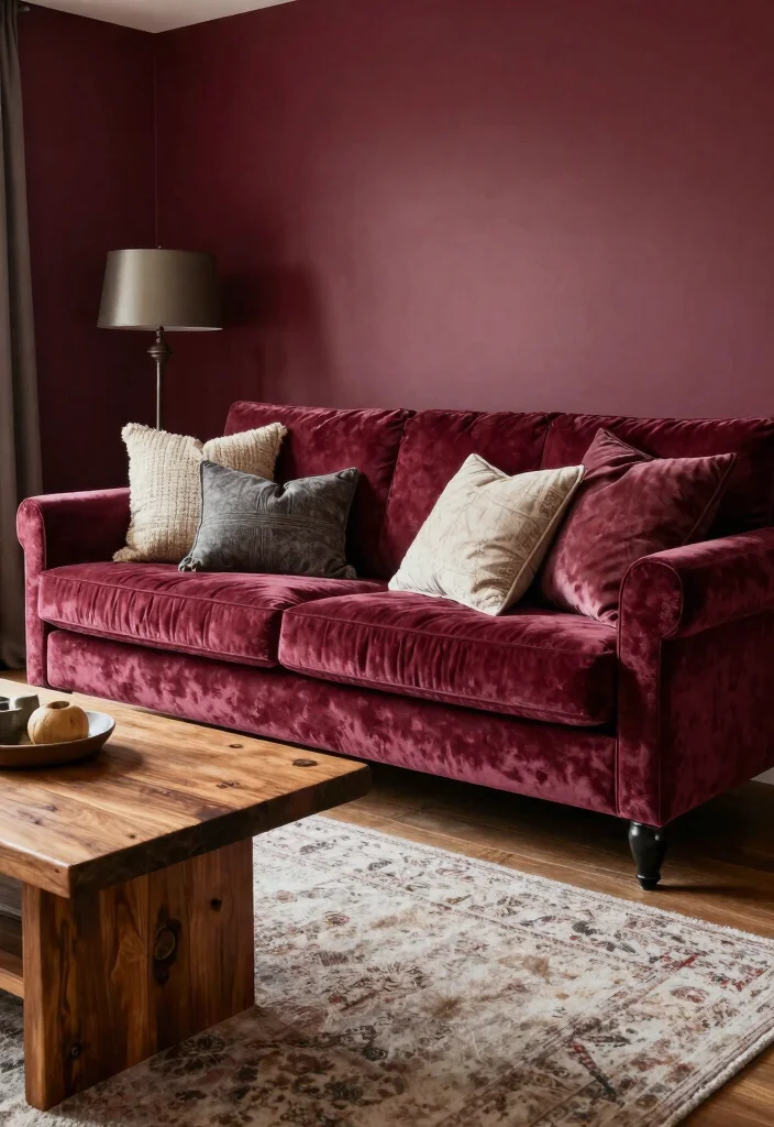 17 Burgundy Walls Living Room Ideas Rich Cozy Drama - 11. Textured Upholstery for Depth 1