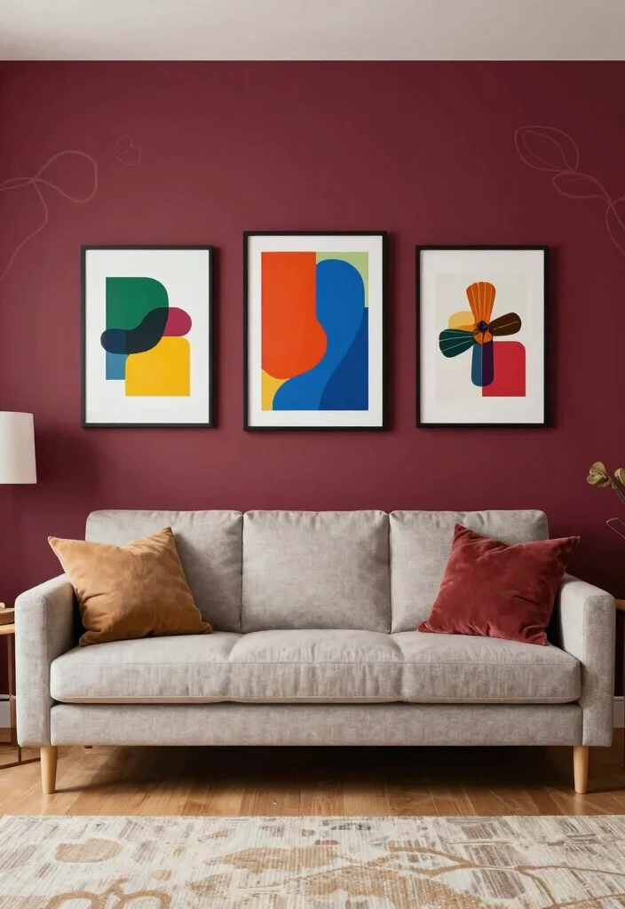 17 Burgundy Walls Living Room Ideas Rich Cozy Drama - 12. Artistic Wall Treatments 1