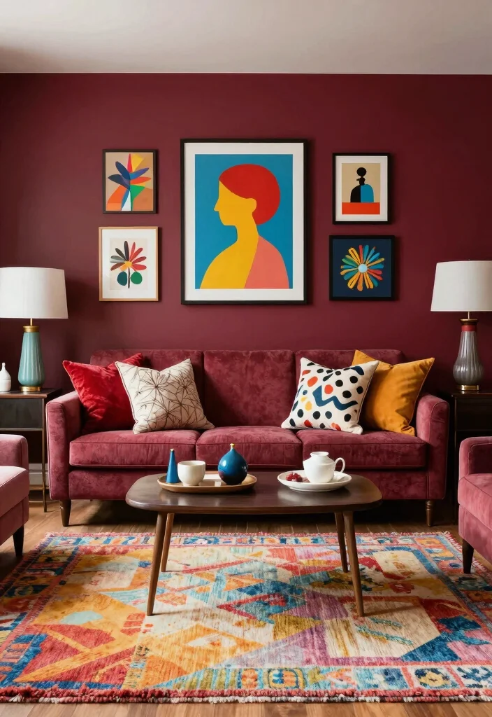 17 Burgundy Walls Living Room Ideas Rich Cozy Drama - 14. Whimsical Touch with Accessories 1