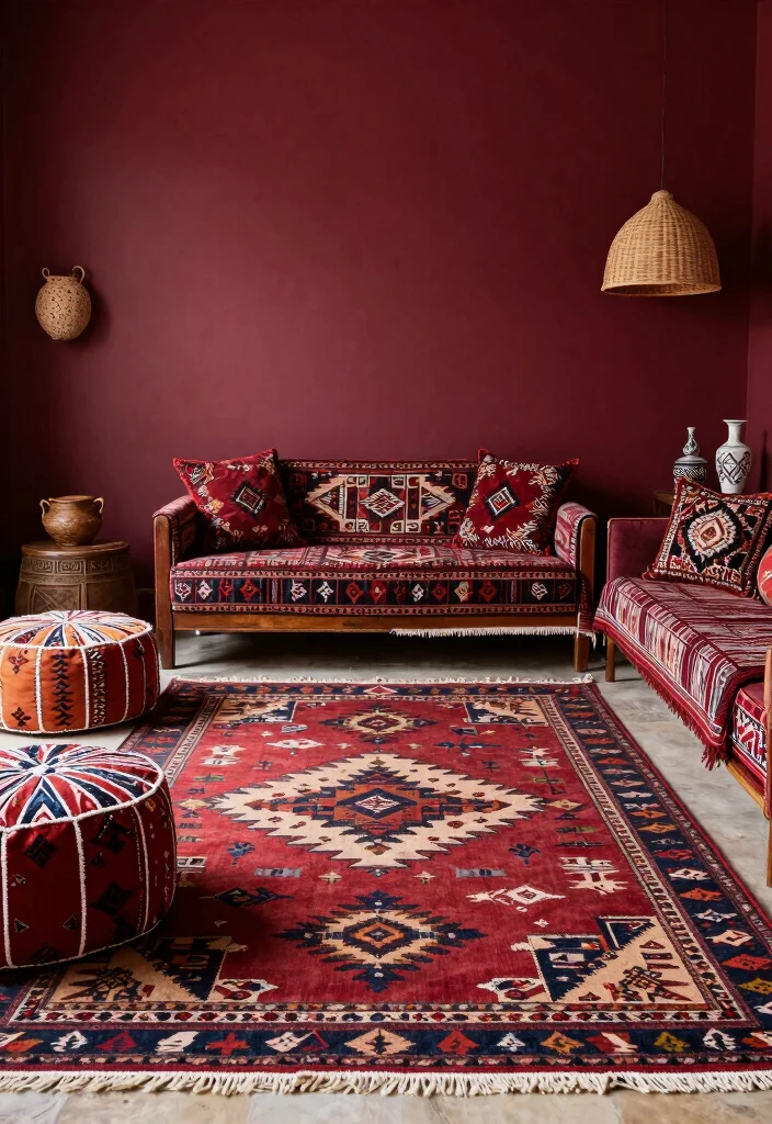 17 Burgundy Walls Living Room Ideas Rich Cozy Drama - 15. Ethnic Influences and Richness 1
