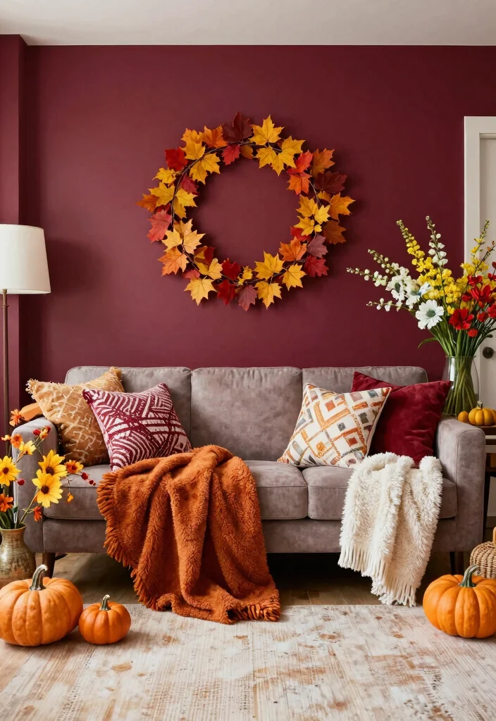17 Burgundy Walls Living Room Ideas Rich Cozy Drama - 17. Seasonal Decor for Year-Round Appeal 1