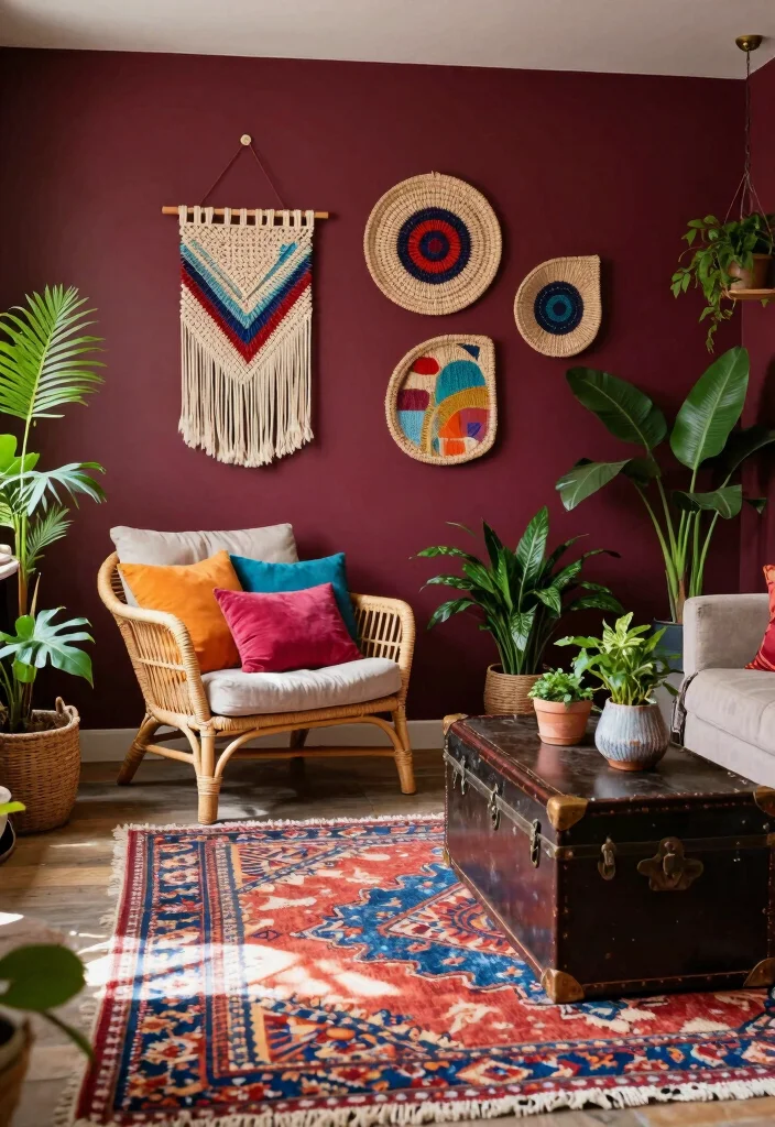 17 Burgundy Walls Living Room Ideas Rich Cozy Drama - 2. Bohemian Vibes with Burgundy 1