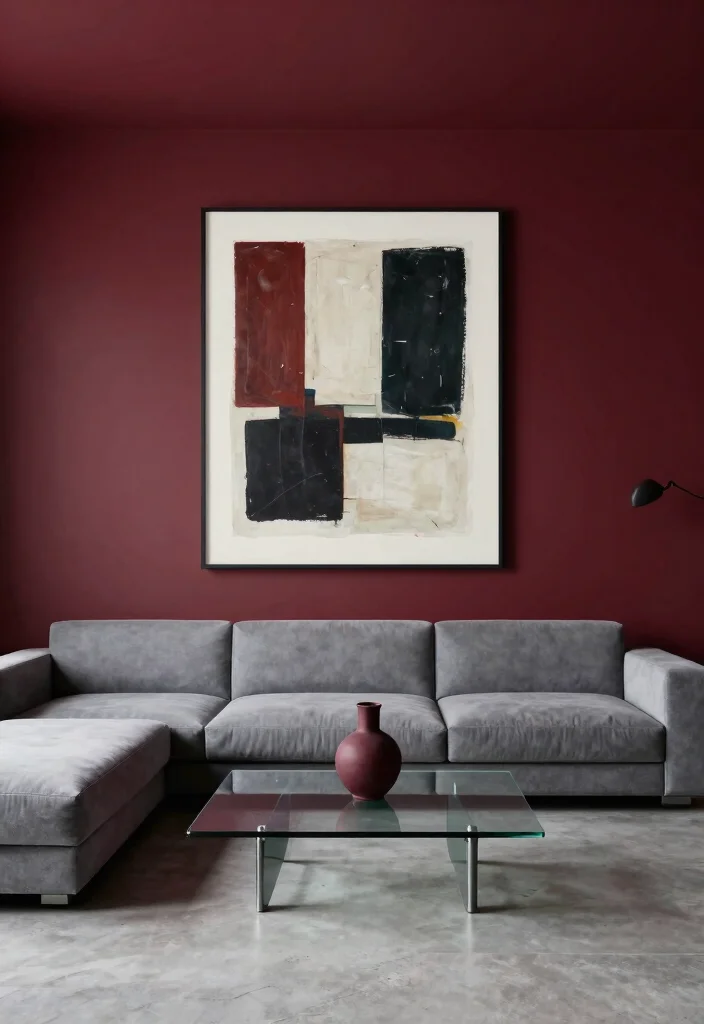 17 Burgundy Walls Living Room Ideas Rich Cozy Drama - 3. Minimalist Chic with Bold Accents 1