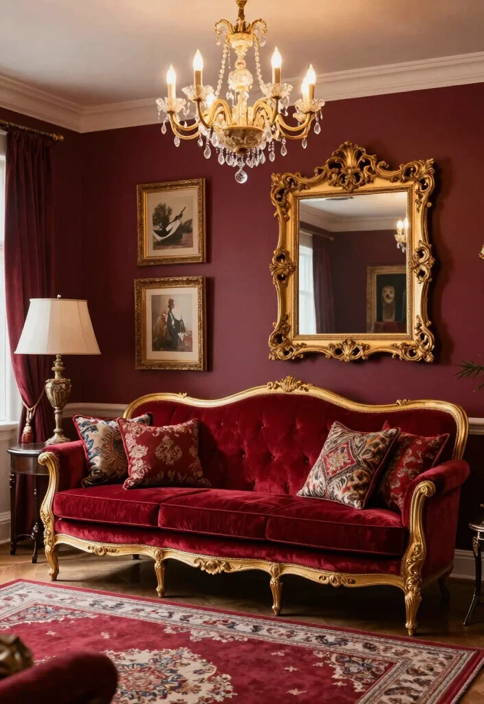 17 Burgundy Walls Living Room Ideas Rich Cozy Drama - 4. Vintage Glamour with Gold Accents 1