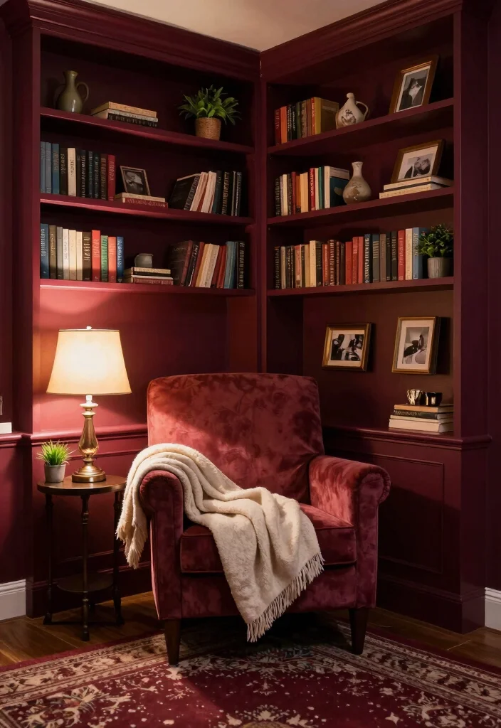 17 Burgundy Walls Living Room Ideas Rich Cozy Drama - 6. Cozy Nook with Bookshelves 1