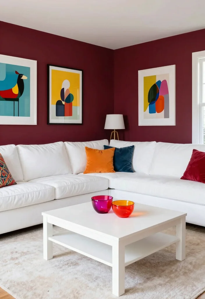 17 Burgundy Walls Living Room Ideas Rich Cozy Drama - 7. Dynamic Contrast with White 1