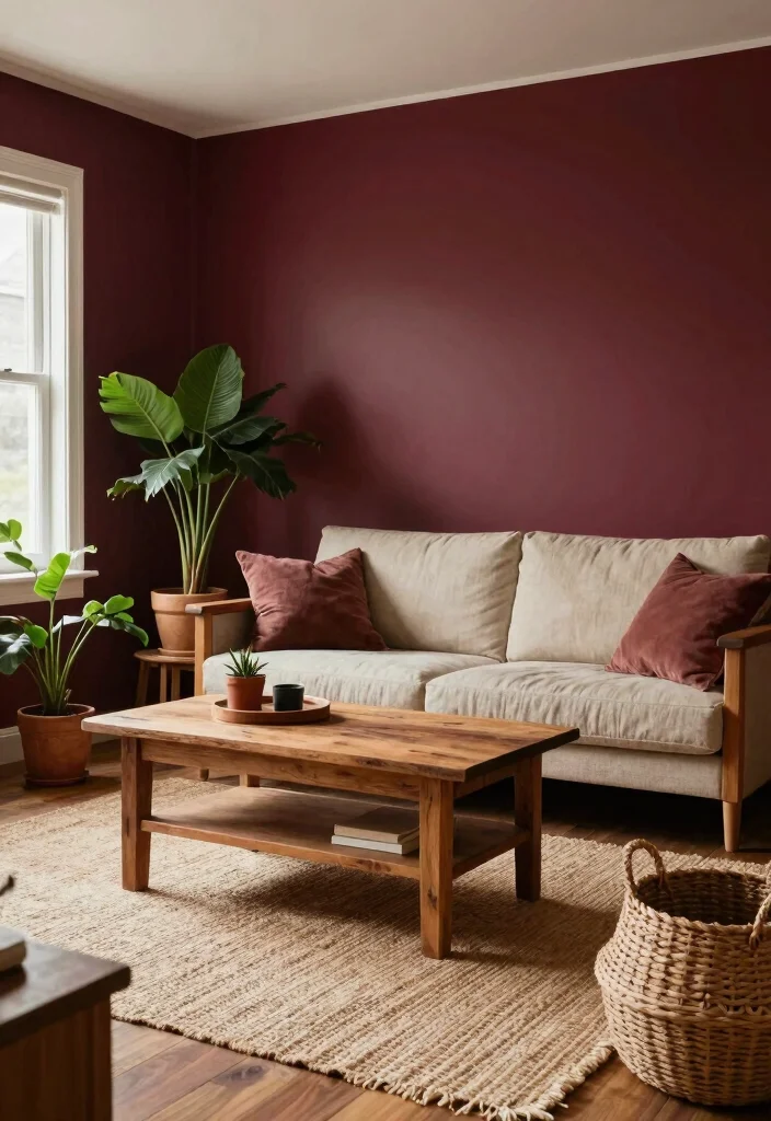 17 Burgundy Walls Living Room Ideas Rich Cozy Drama - 8. Earthy Tones and Natural Textures 1