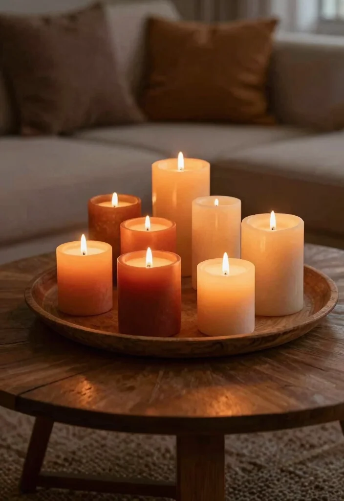 17 Burnt Orange Living Room Decor Ideas Warm Cozy Energy - 7. Layered Lighting with Candles 1