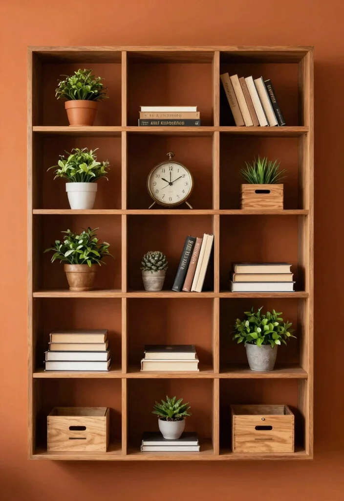 17 Burnt Orange Living Room Decor Ideas Warm Cozy Energy - 9. Stylish Shelving 1