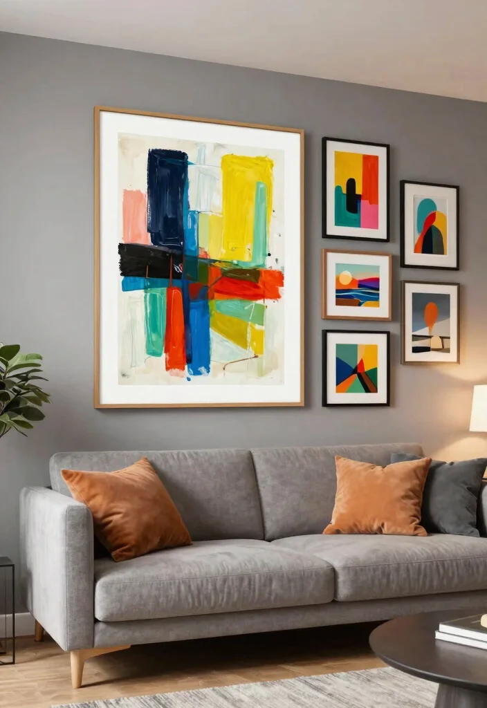 17 Gray Accent Wall Living Room Ideas for a Calm and Modern Depth - 10. Gray with Artistic Flair 1