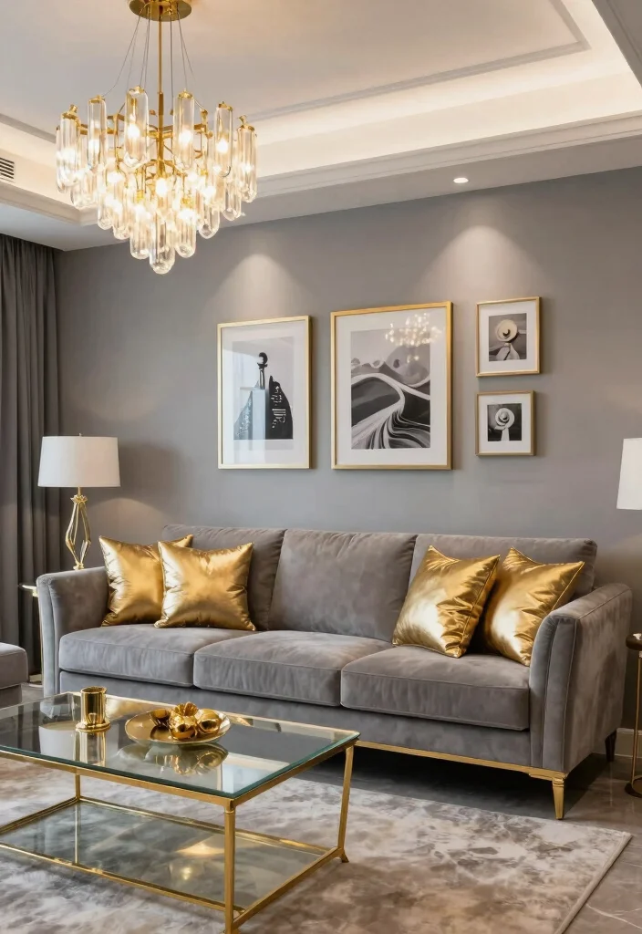 17 Gray Accent Wall Living Room Ideas for a Calm and Modern Depth - 11. Gray with a Touch of Glam 1