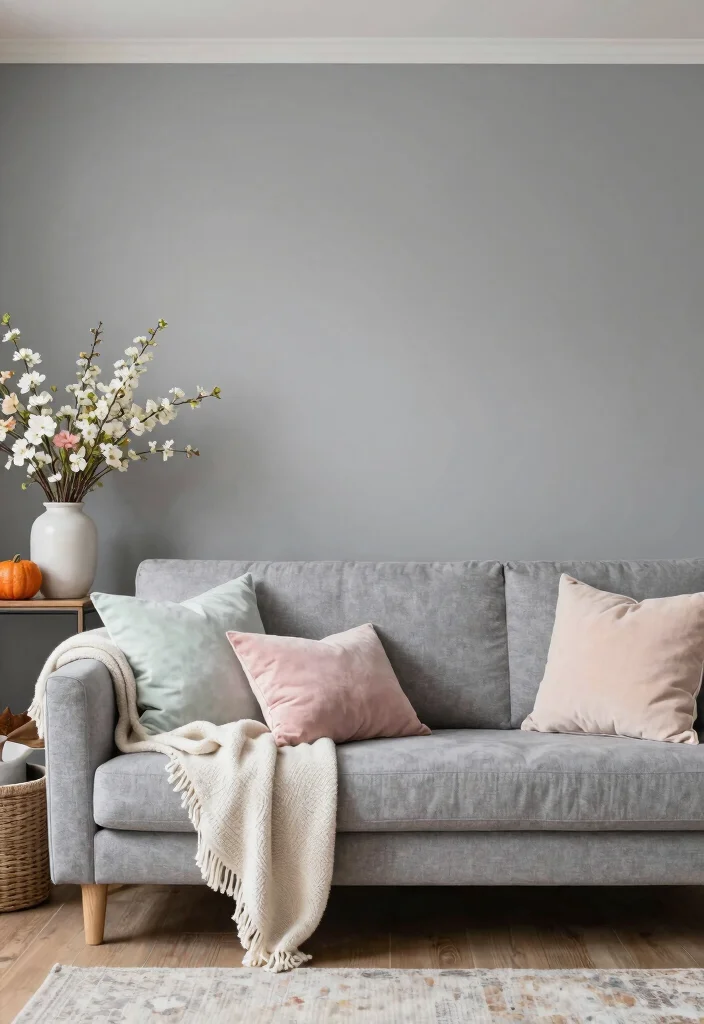17 Gray Accent Wall Living Room Ideas for a Calm and Modern Depth - 12. Seasonal Gray Accents 1