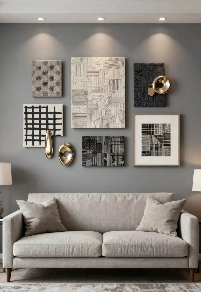 17 Gray Accent Wall Living Room Ideas for a Calm and Modern Depth - 14. Gray with Textured Wall Art 1