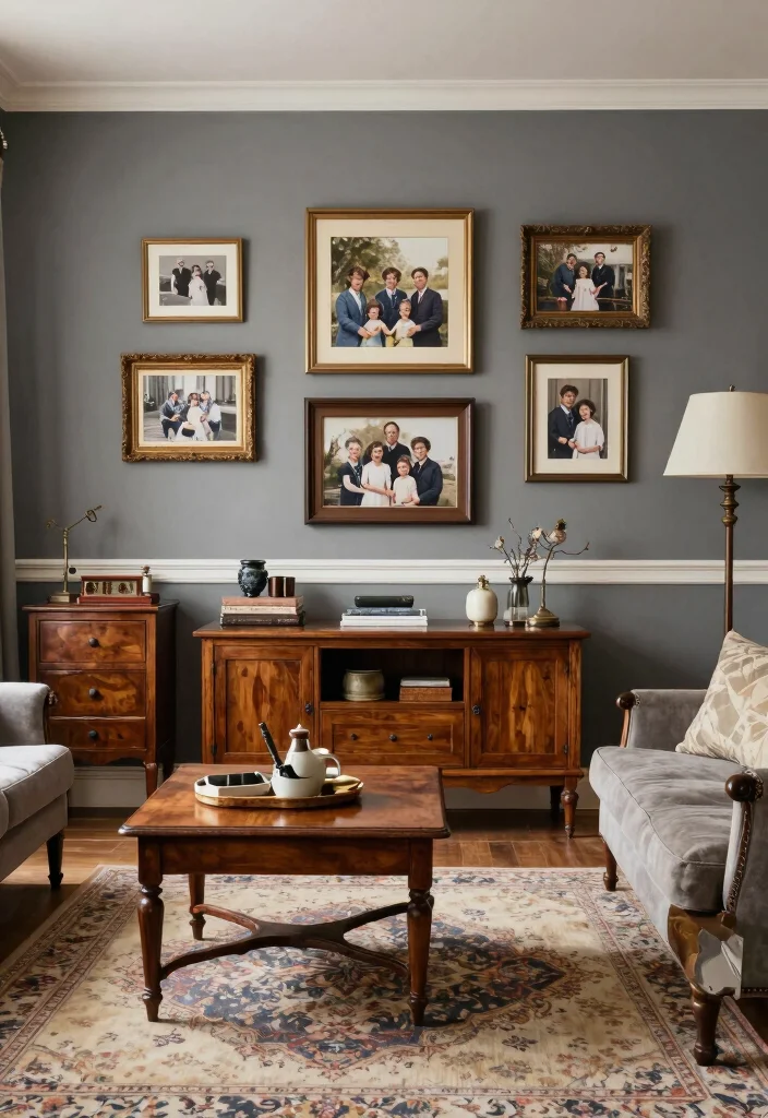 17 Gray Accent Wall Living Room Ideas for a Calm and Modern Depth - 15. Gray with Vintage Accents 1