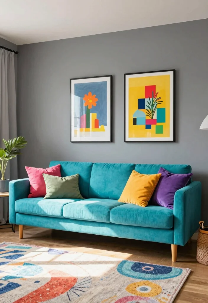 17 Gray Accent Wall Living Room Ideas for a Calm and Modern Depth - 16. Gray with a Splash of Color 1