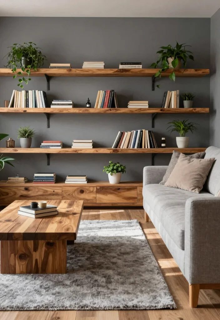 17 Gray Accent Wall Living Room Ideas for a Calm and Modern Depth - 4. Gray and Wood Harmony 1