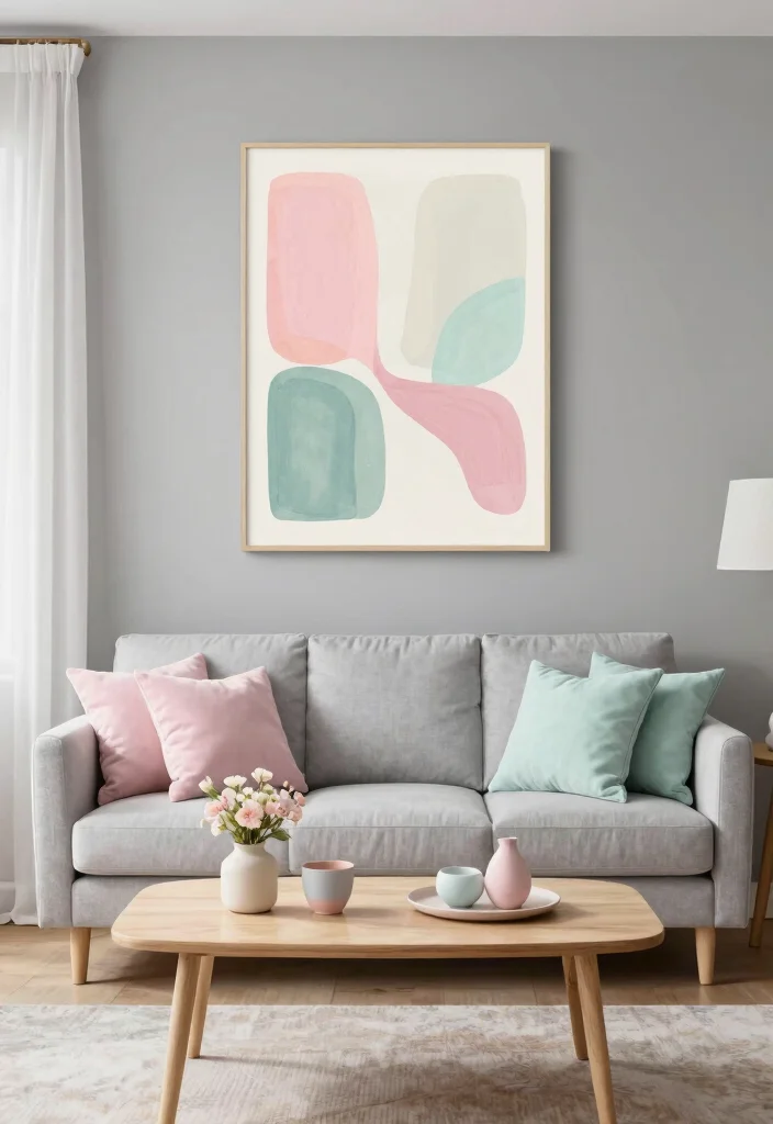 17 Gray Accent Wall Living Room Ideas for a Calm and Modern Depth - 5. Gray with Soft Pastels 1