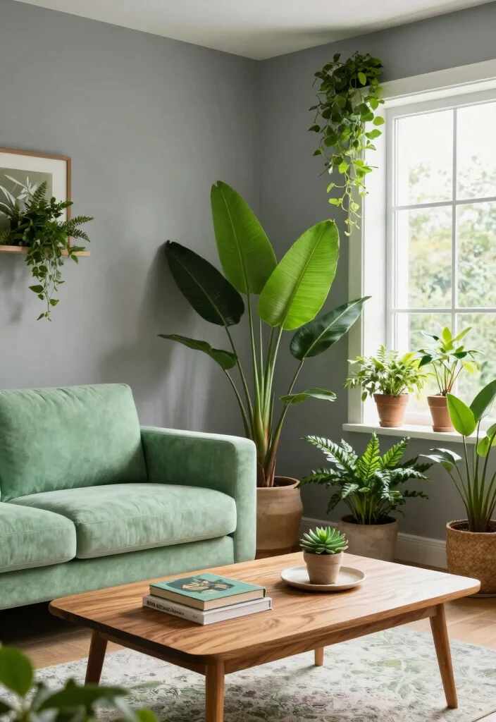 17 Gray Accent Wall Living Room Ideas for a Calm and Modern Depth - 7. Gray and Green Harmony 1