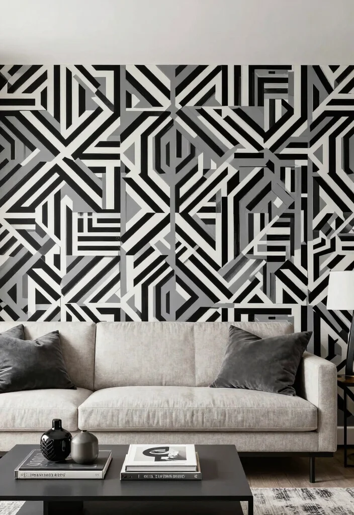 17 Gray Accent Wall Living Room Ideas for a Calm and Modern Depth - 8. Gray with Geometric Patterns 1