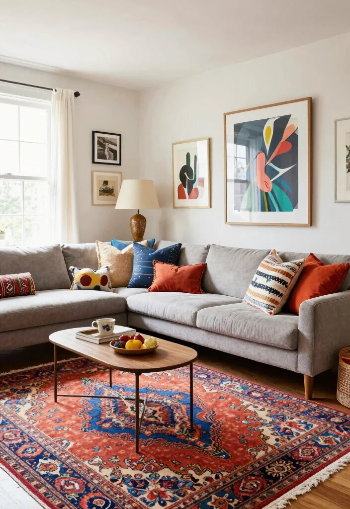 17 Living Room Designs Area Rugs Ideas Grounded Layouts - 11. Mixing Styles for a Unique Look 1