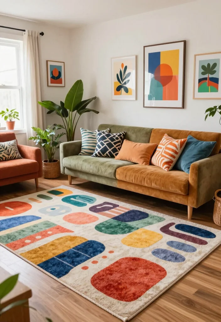 17 Living Room Designs Area Rugs Ideas Grounded Layouts - 3. Playful Patterns for Whimsy 1