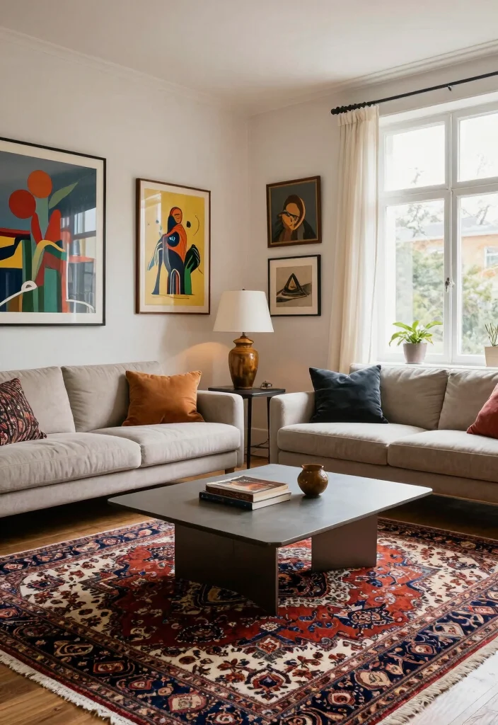 17 Living Room Designs Area Rugs Ideas Grounded Layouts - 7. Vintage Charm Meets Modern Design 1