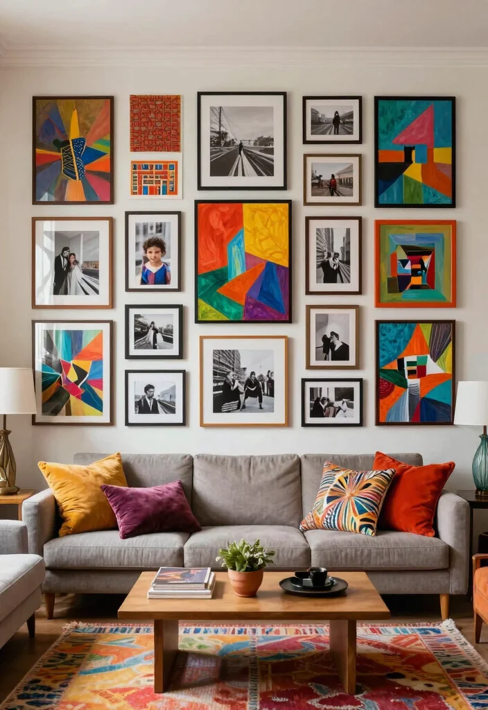 17 Living Room Photo Wall Ideas Personal Gallery Style - 10. Mixed Media Wall 1