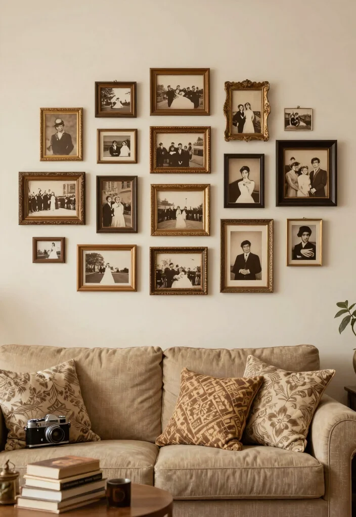 17 Living Room Photo Wall Ideas Personal Gallery Style - 14. Vintage Vibes 1