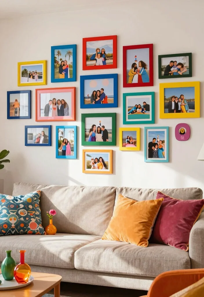 17 Living Room Photo Wall Ideas Personal Gallery Style - 16. Color Pop 1
