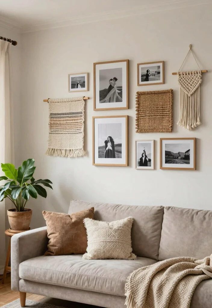 17 Living Room Photo Wall Ideas Personal Gallery Style - 5. Textured Layers 1