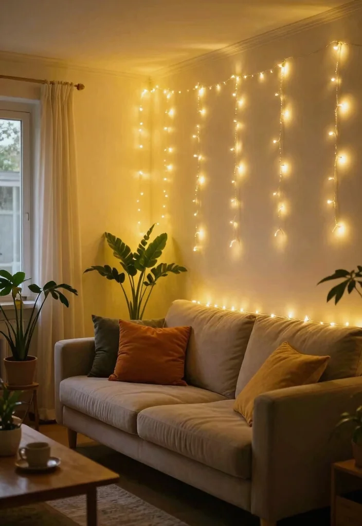17 Living Room Wall Lights Ideas Layered Ambient Glow - 11. Eco-Friendly String Lights 1