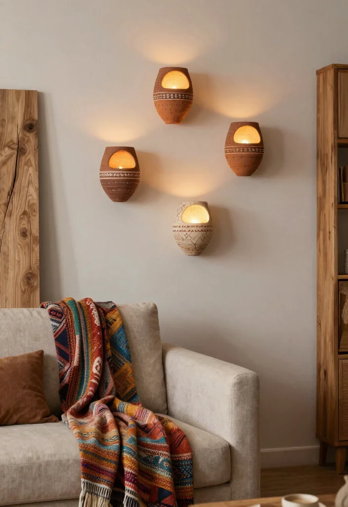 17 Living Room Wall Lights Ideas Layered Ambient Glow - 6. Artisanal Clay Sconces 1