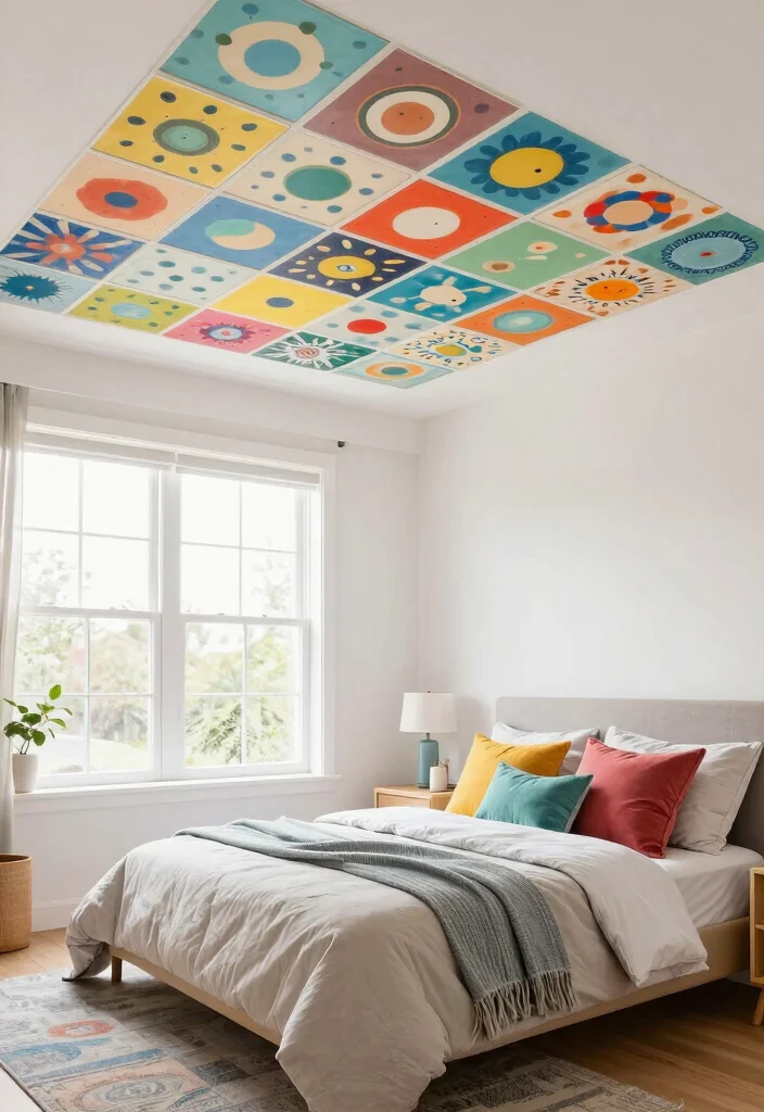 17 New Ceiling Design Bedroom Ideas with a Modern Architectural Touch - 7. Colorful Ceiling Tiles 1