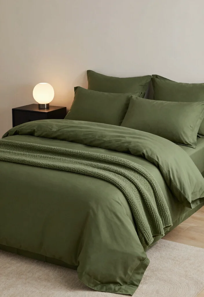 17 Olive Green and Black Bedroom Ideas for a Bold, Sophisticated Look - 1. Luxurious Olive Green Bedding 1