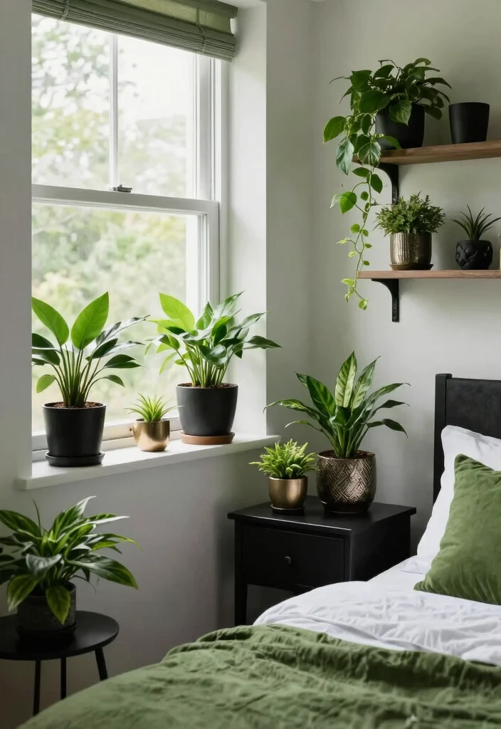 17 Olive Green and Black Bedroom Ideas for a Bold, Sophisticated Look - 10. Greenery and Plants 1