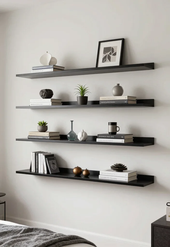 17 Olive Green and Black Bedroom Ideas for a Bold, Sophisticated Look - 11. Minimalist Shelving 1