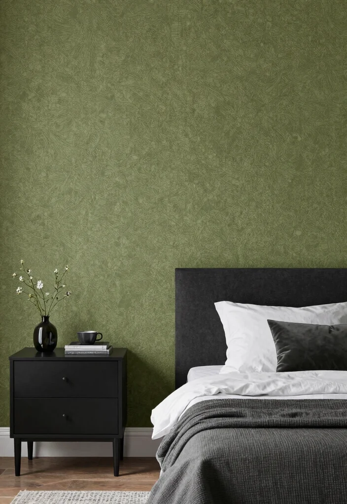 17 Olive Green and Black Bedroom Ideas for a Bold, Sophisticated Look - 13. Olive Green Wallpaper 1