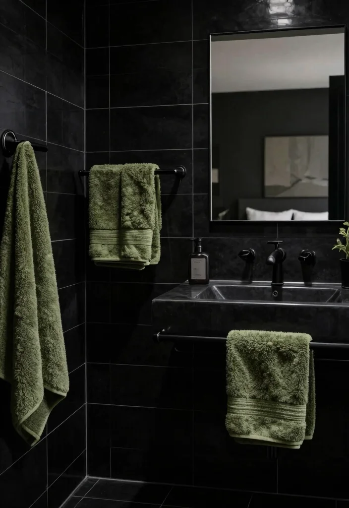 17 Olive Green and Black Bedroom Ideas for a Bold, Sophisticated Look - 14. Monochromatic Black Bathroom 1