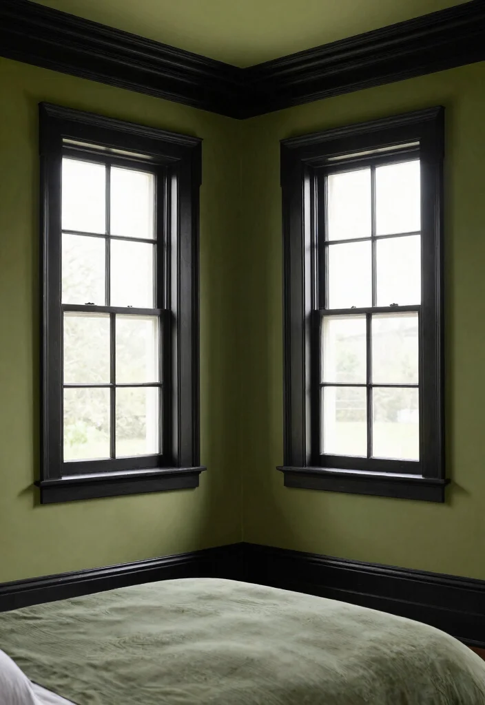 17 Olive Green and Black Bedroom Ideas for a Bold, Sophisticated Look - 16. Black Trim and Molding 1