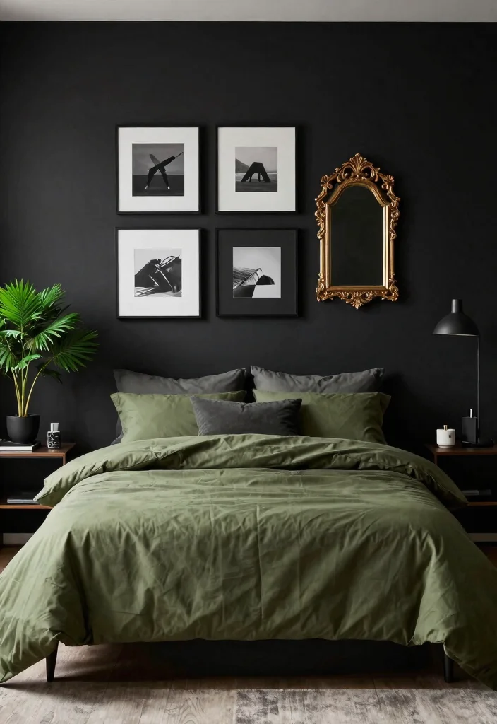 17 Olive Green and Black Bedroom Ideas for a Bold, Sophisticated Look - 2. Statement Black Accent Wall 1