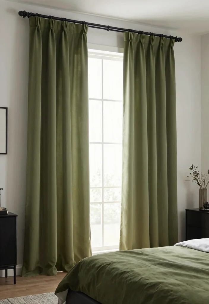 17 Olive Green and Black Bedroom Ideas for a Bold, Sophisticated Look - 3. Stylish Olive Green Curtains 1