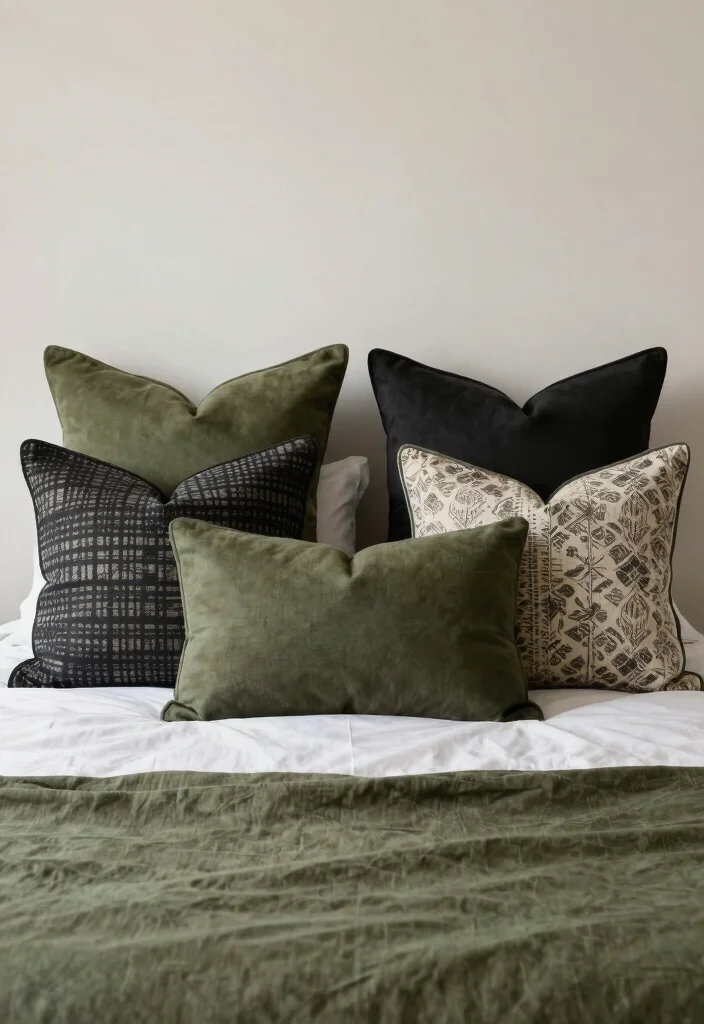 17 Olive Green and Black Bedroom Ideas for a Bold, Sophisticated Look - 5. Decorative Throw Pillows 1