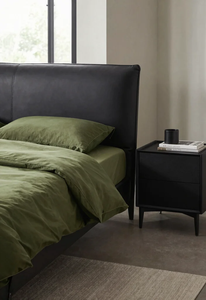 17 Olive Green and Black Bedroom Ideas for a Bold, Sophisticated Look - 7. Black Furniture Pieces 1