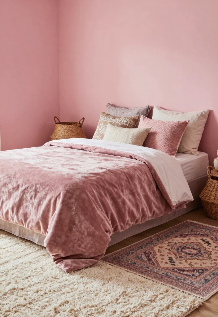 17 Pink Walls Bedroom Ideas Chic Feminine Style - 11. Layered Textures 1