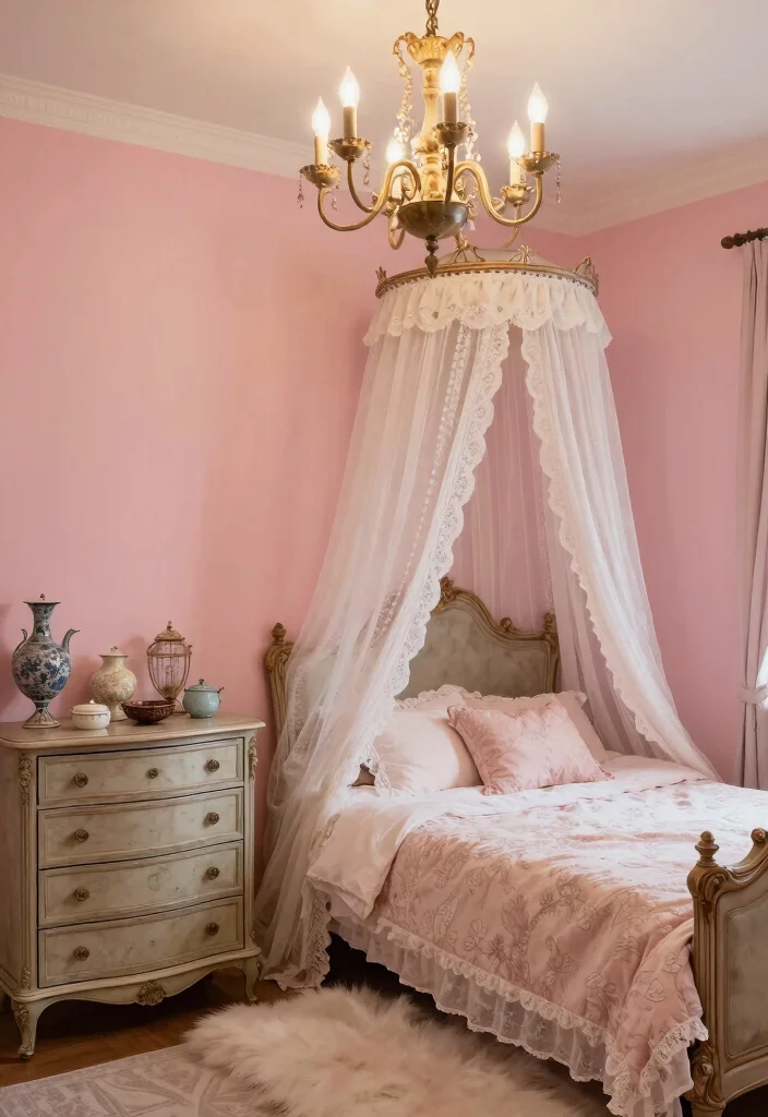 17 Pink Walls Bedroom Ideas Chic Feminine Style - 15. Vintage Charm 1