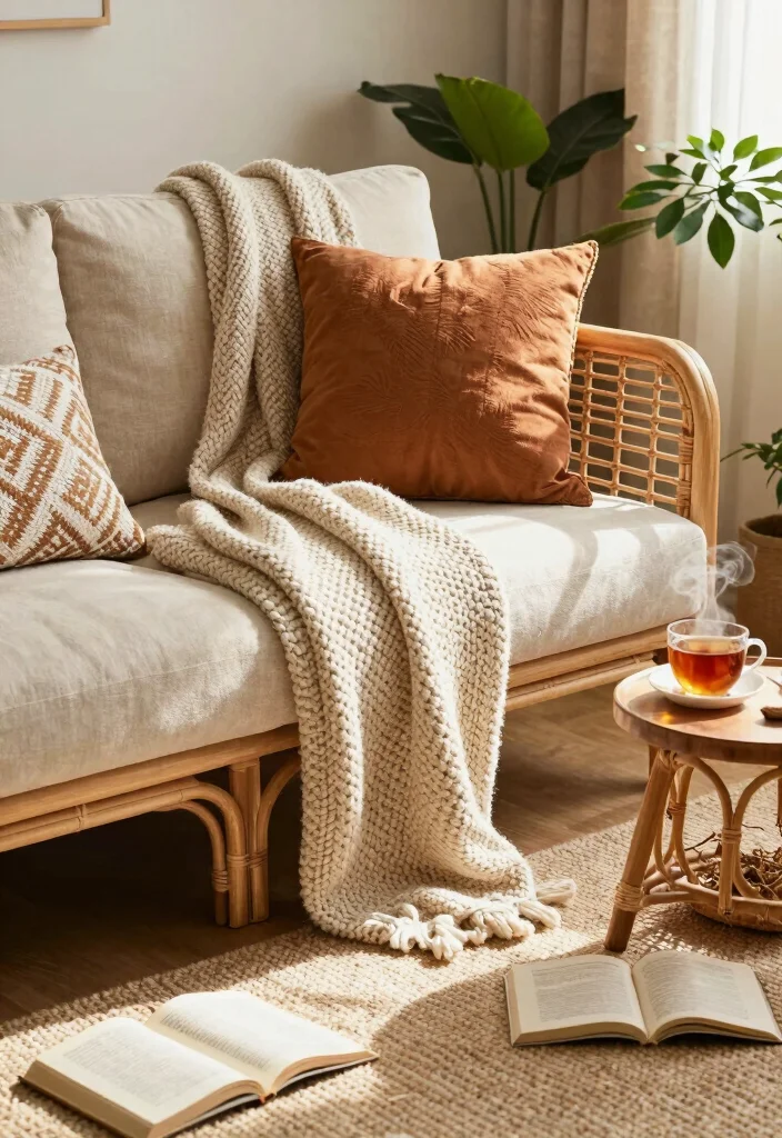 17 Rattan Sofa Living Room Ideas: Breezy Natural Texture - 1. Cozy Nook with Layered Textures 1
